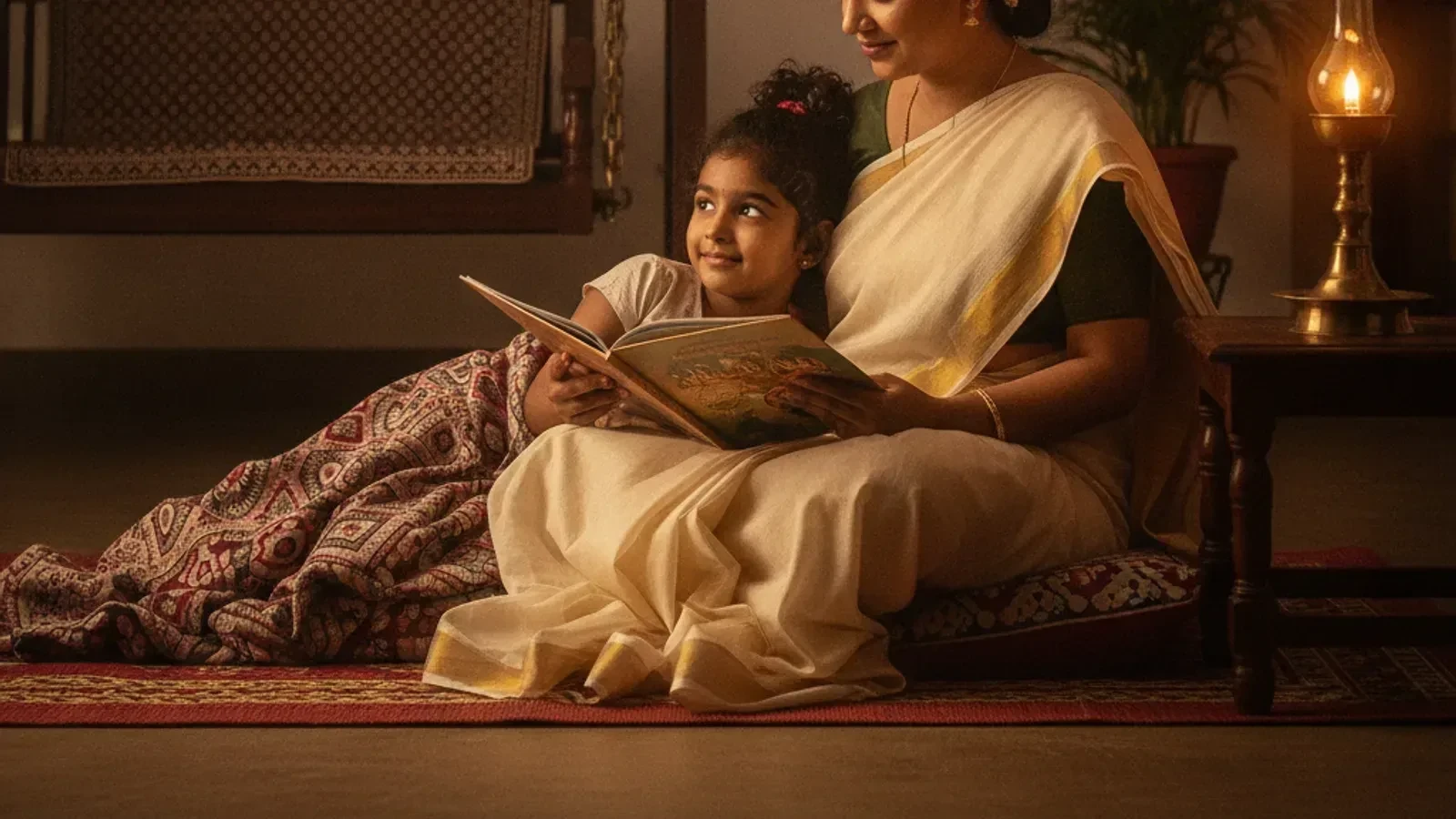 രാത്രിയിൽ കഥ വായിച്ചു കൊടുക്കുന്ന രക്ഷിതാവ്