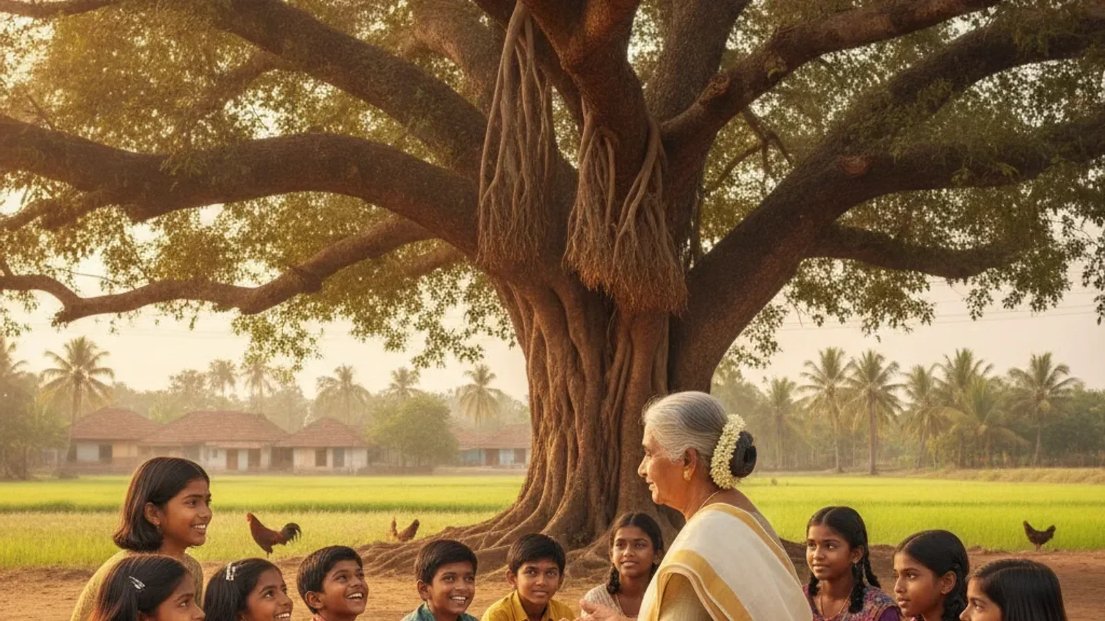കഥ കേട്ട് ചിന്തിക്കുന്ന കുട്ടികൾ