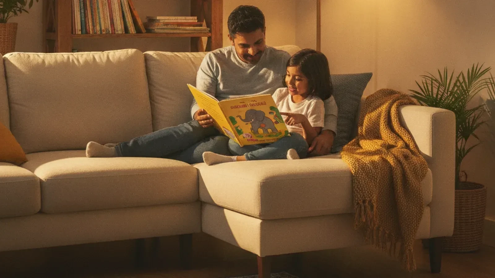 ഒരു കുട്ടിയും മാതാപിതാക്കളും ഒരുമിച്ച് പുസ്തകം വായിക്കുന്നു